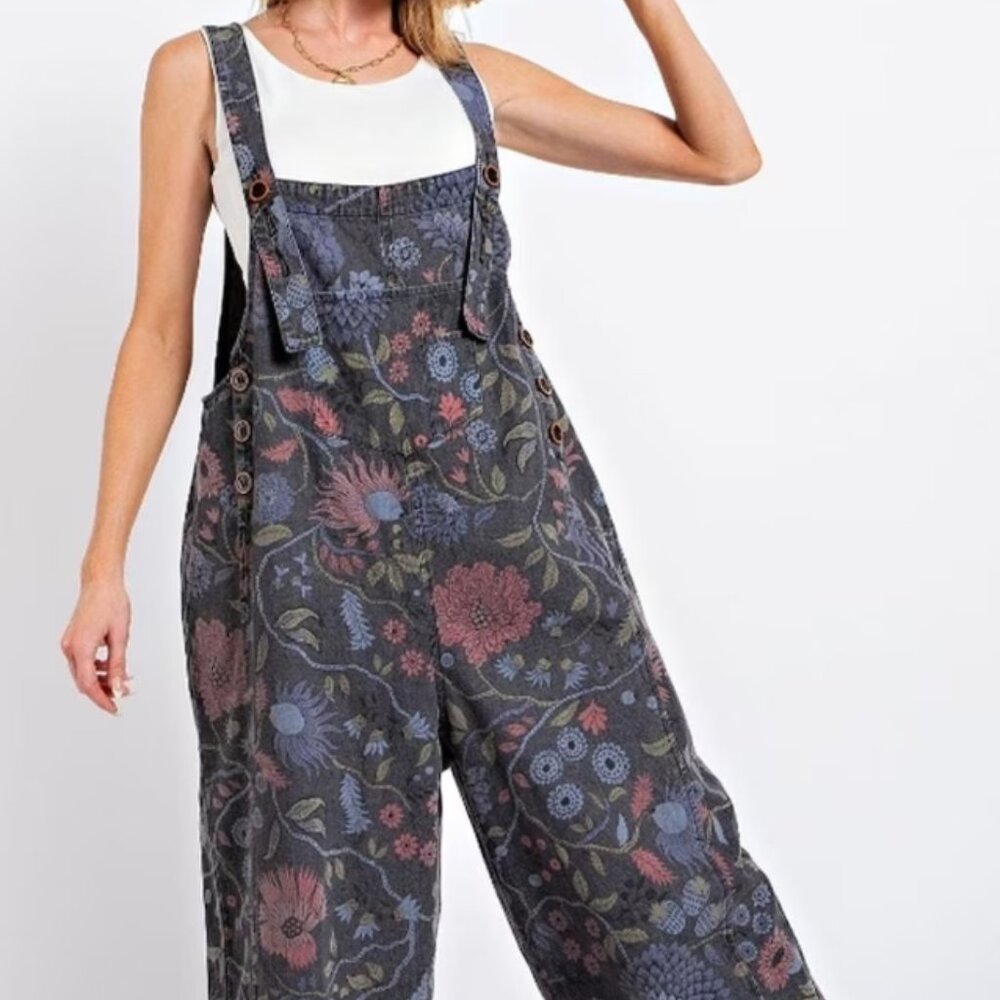 Easel - Oversized Floral Overalls
